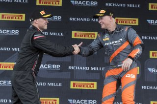 #5 McLaren Artura Trophy Evo of Deniz Teoman and Jeff Cook, Dark Horse Racing, McLaren Trophy America, #49 McLaren Artura Trophy Evo of Stephen Sorbaro, OMS, Am, SRO America, VIRginia International Raceway, alton, VA, July 2025.
 | Brian Cleary/SRO