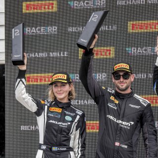 #43 McLaren Artura Trophy Evo of Alexandra Hainer and Jesse Lazare, Motorsports in Action, McLaren Trophy America, Pro-Am, SRO America, Road America, Elkhart Lake, WI, August 2025.
 | Brian Cleary/SRO