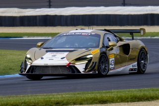 #43 McLaren Artura Trophy Evo of Alexandra Hainer and Jesse Lazare, Motorsports in Action, McLaren Trophy America, Pro-Am, SRO America, Indianapolis Motor Speedway, Sonoma, CA, March 2025.
 | Brian Cleary/SRO