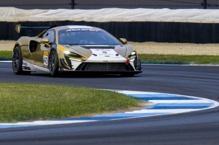 #43 McLaren Artura Trophy Evo of Alexandra Hainer and Jesse Lazare, Motorsports in Action, McLaren Trophy America, Pro-Am, SRO America, Indianapolis Motor Speedway, Sonoma, CA, March 2025.
 | Brian Cleary/SRO