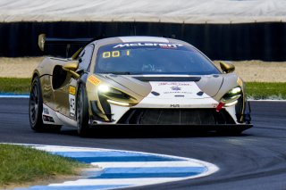 #43 McLaren Artura Trophy Evo of Alexandra Hainer and Jesse Lazare, Motorsports in Action, McLaren Trophy America, Pro-Am, SRO America, Indianapolis Motor Speedway, Sonoma, CA, March 2025.
 | Brian Cleary/SRO