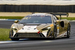 #43 McLaren Artura Trophy Evo of Alexandra Hainer and Jesse Lazare, Motorsports in Action, McLaren Trophy America, Pro-Am, SRO America, Indianapolis Motor Speedway, Sonoma, CA, March 2025.
 | Brian Cleary/SRO