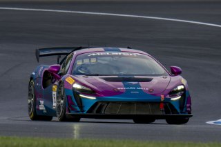 #18 McLaren Artura Trophy Evo of Brandon Kreutz and Canaan O'Connell, Flying Lizards Motorsports, McLaren Trophy America, SRO America, Indianapolis Motor Speedway, Sonoma, CA, March 2025.
 | Brian Cleary/SRO