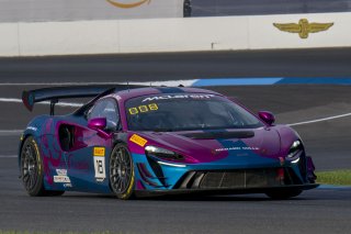 #18 McLaren Artura Trophy Evo of Brandon Kreutz and Canaan O'Connell, Flying Lizards Motorsports, McLaren Trophy America, SRO America, Indianapolis Motor Speedway, Sonoma, CA, March 2025.
 | Brian Cleary/SRO